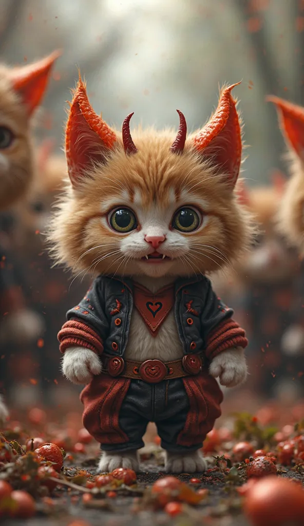 Kitten in demon costume、Big-eyed kittens、full body、  fluffy and big  、There are a lot of demons in the background、The center of the screen is slightly smaller 、Kitten in demon pants