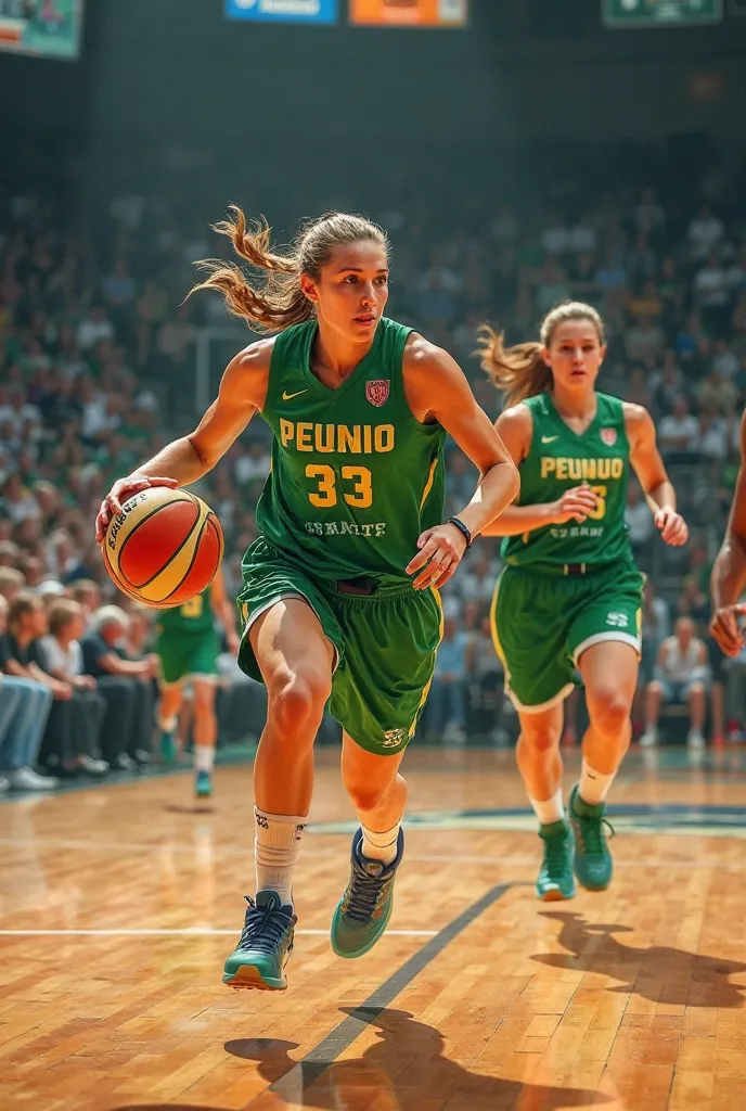 Women's basketball team in green clothes NIMES running with a basketball on a basketball court in the burning arenas