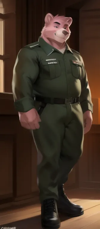  alone, man big tall , Standing , Den,Pink bear ,  Green black Military Uniform, Overweight ,  Muscular ,  smirking , by chunie 