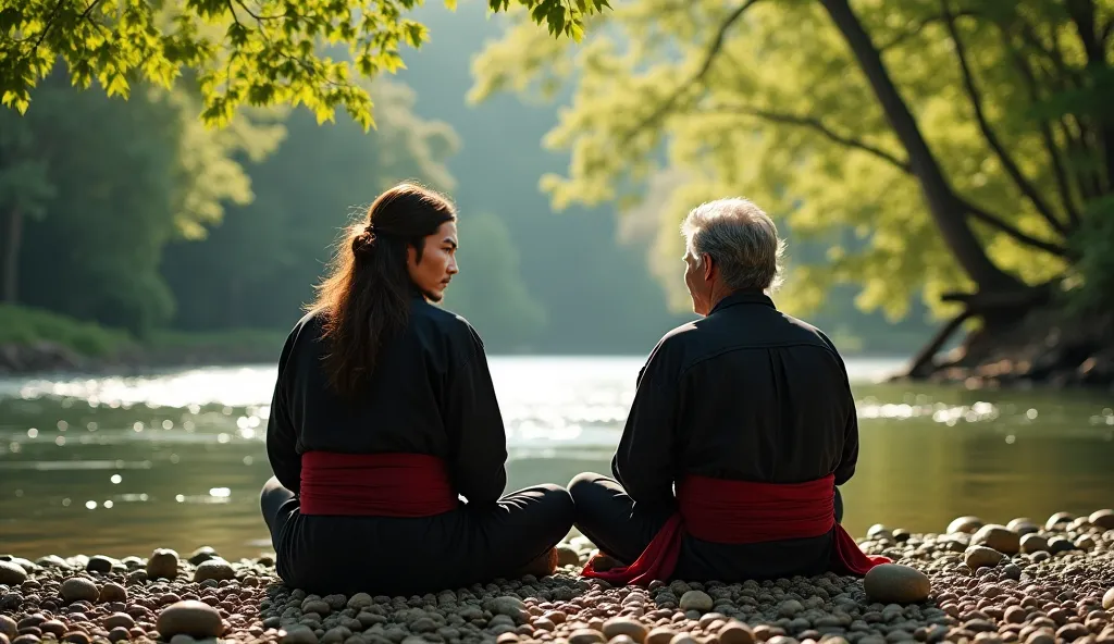 [A long-haired man in a bundle [Still dressed in the fighter's distinctive clothing, in the form of a black shirt with a red cloth belt], sits cross-legged next to the Mysterious Old Man on a fine pebble, overlooking the river.  His posture is upright , an...