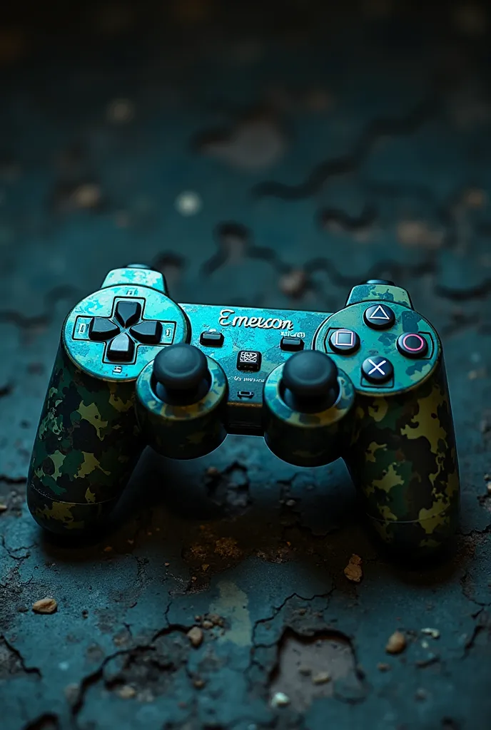 Sony PlayStation 2 controller with the name Émerson in the color Camouflage Green 
 dark blue with Neon 