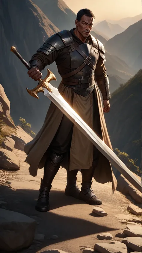 Full body standing picture of the man holding a sword in the image