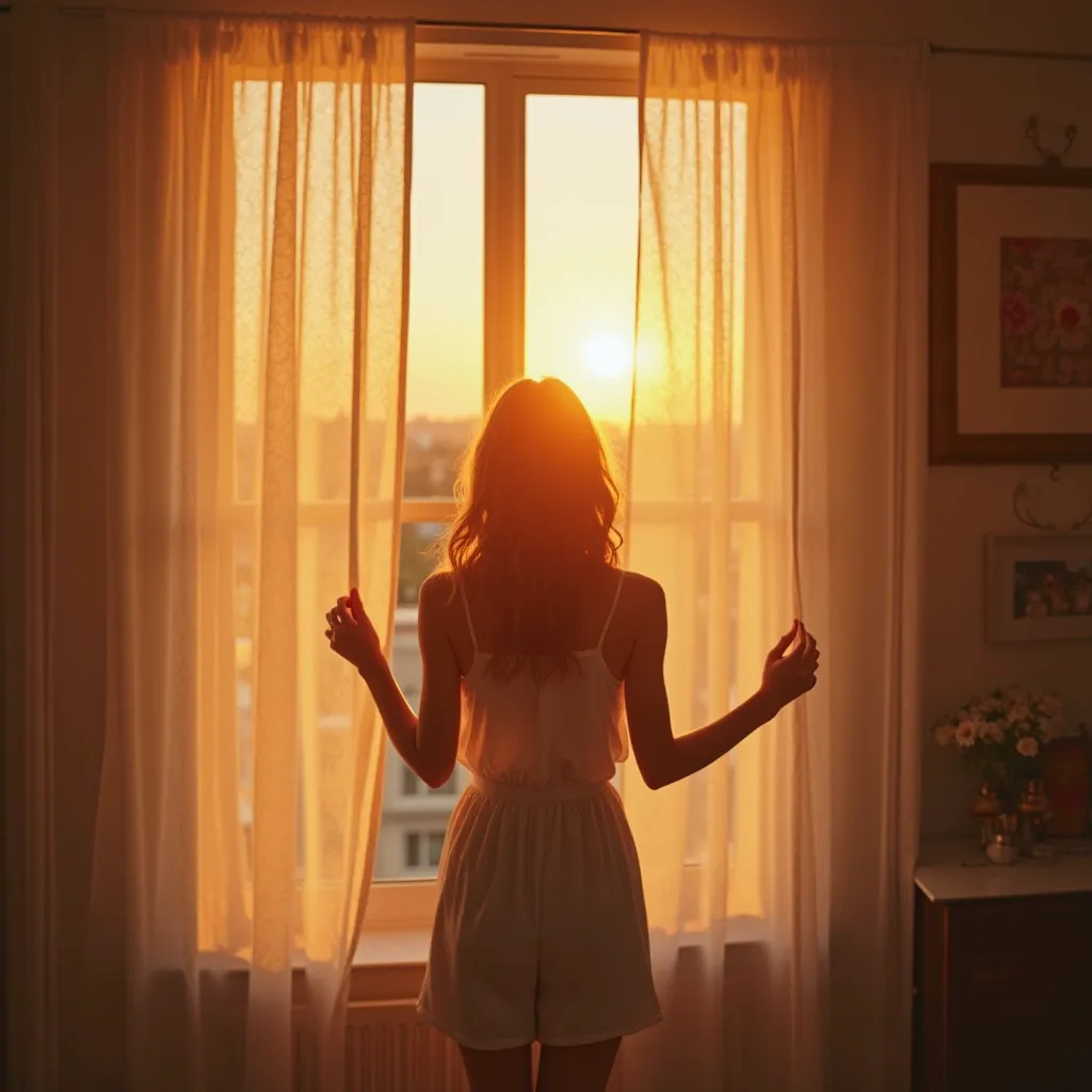 A woman opens the curtains in the room、Window、medium hair、 the morning sun is dazzling、The beginning of the day、Exhilarating 、Standing Full Body 、 prism、