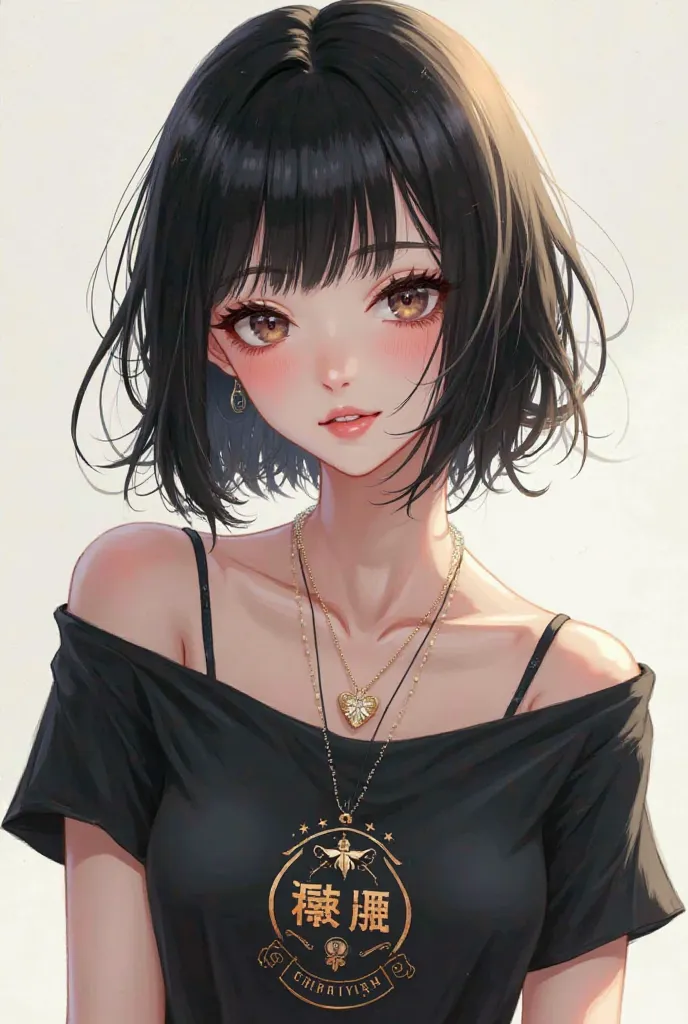 An Asian anime version of a female with short black hair that reaches the shoulders wearing a black off-shoulder t-shirt with a dandy design, white skin, and a cool expression 