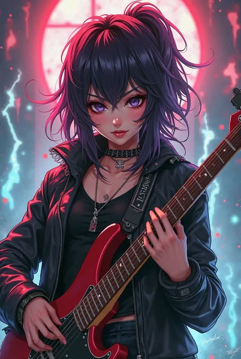 Create me a crazy sexy rocker anime girl with a sniper guitar.