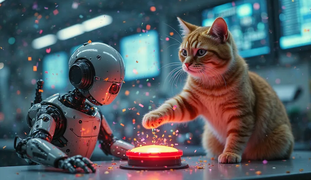 A mischievous AI cat pressing a big red button, causing a robot to explode into confetti. The cat has a smug expression, while the robot looks surprised. The background is a high-tech laboratory with glowing screens.