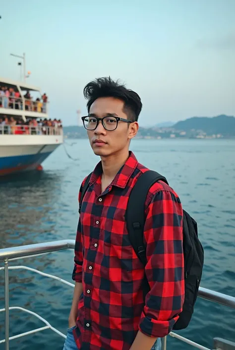 realistic photo, a handsome young man with Indonesian glasses, wearing a red and black checkered shirt, long jeans , takes a selfie in front of a silver Toyota Hiace Premio minibus, on the back of the ocean liner with the passengers of the boat and looks a...