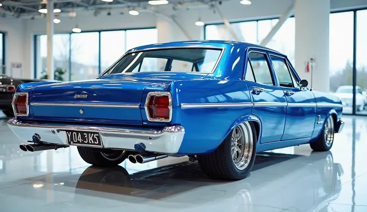 Back view of painted (Gleamy creamy   Blue) shiny  Blue clour  New (  Old model Ford Falcon XR6    )sleek in large shape sedan in large size with (Old model Ford Falcon XR6        it's  large detailed grille in shiny white clour with angular sporty design ...