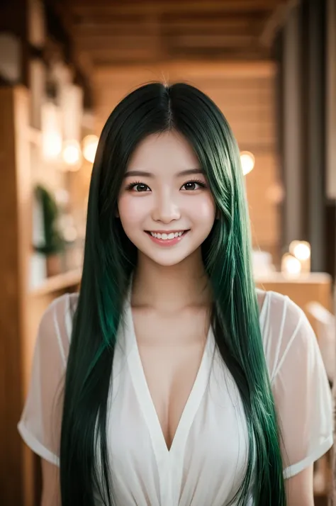 ENFJ（Main character type）、studio shot、charismatic portrait of a person with glossy long straight hair、 dark green hair、face framing、charming smile、Warm Lights 、 high quality images、ai model