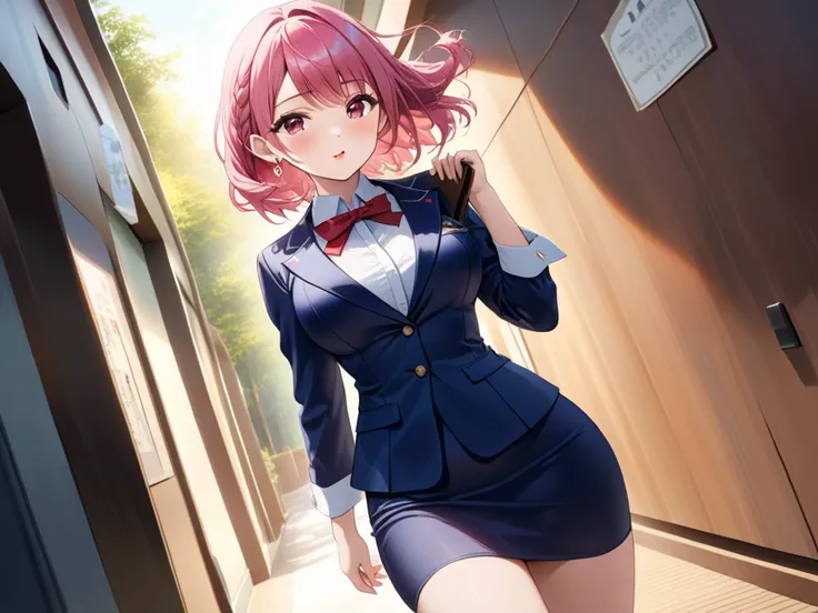 あいちゃん（ピンク髪）
1 girl,full body,Panorama
shoulder-length wavy hairstyle with side-swept bangs hair.
pink hair, 
garnet-colored almond-shaped eyes
rose-red lipstick. 
oval face ,curvy body
standing at 168cm tall. 
Medium-sized bust , Medium-sized hip
confident...