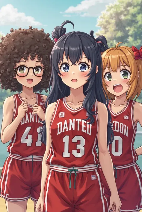 3 girls with basketball jersey. First one has spectacles and one ponie and is extremely beautiful. Second one has long curly hair and and wears ghost mask. Third one has 2 ponies and sings whole day. Also make background related to basketball.