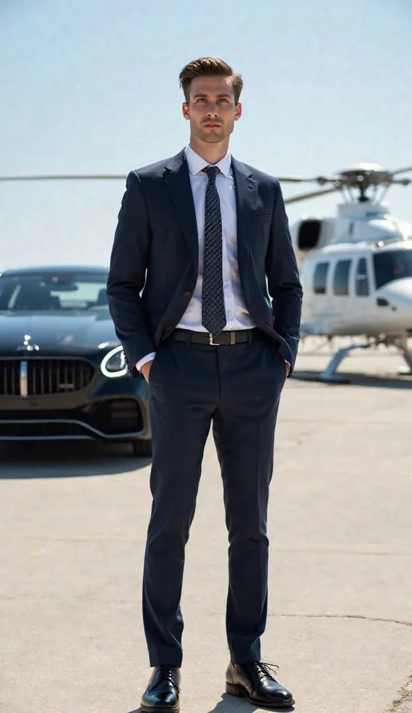 A young man, 24 Years Smooth Skin Tigh likely in his late s or early twenties, of light complexion and medium build, stands confidently in the center of the image. He is positioned in a full shot, facing the viewer.  He is wearing a dark navy blue suit, a ...