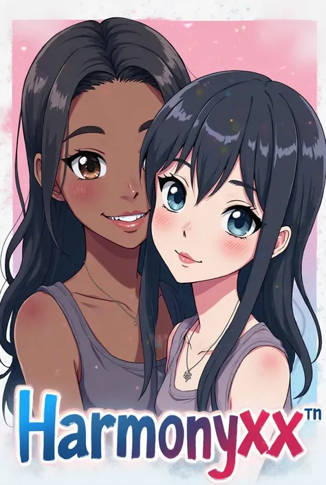 Create a logo of two young girls,  one with a slightly dark skin and the other white with black hair, a little cold both but with a face of innocence, pink and blue background, That one is tucked on the shoulder of the other and the name of the Harmonyxx g...