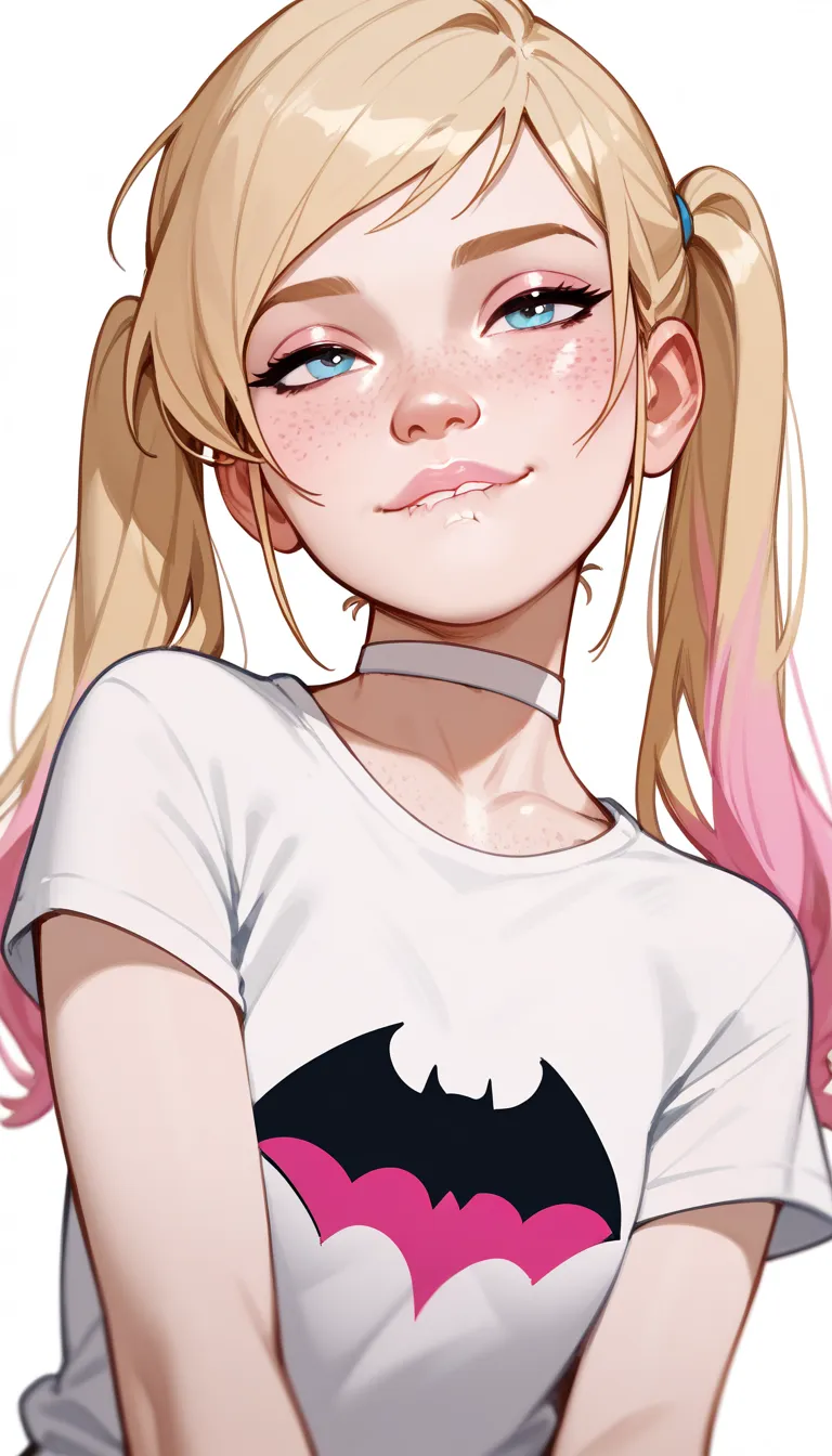 score_9,score_8_up,score_7_up,score_6_up,score_5_up,score_4_up,
1girl, pretty girl, blonde hair, in twintails dyed blue, cute nose. biting lip, seductive, white choker, pink lips, freckles, batman t-shirt
 