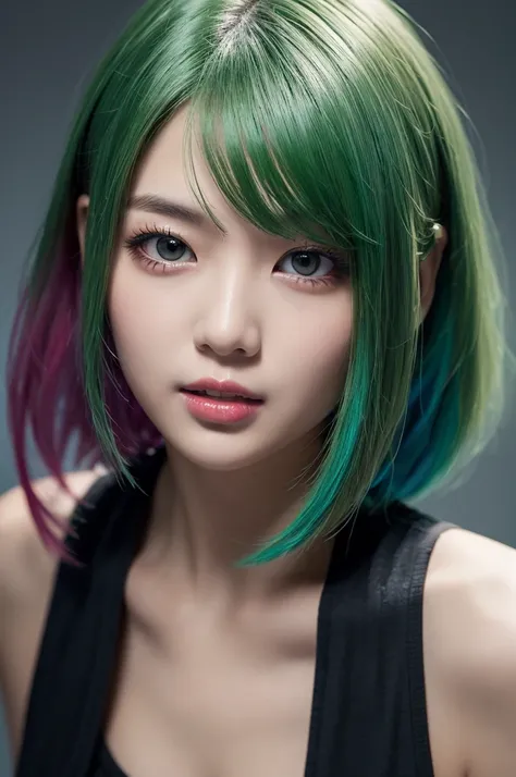 studio shot、colorful hair color and playful short bob character vibrant portrait、dark green base color、 、dynamic lighting、energetic atmosphere、ai model