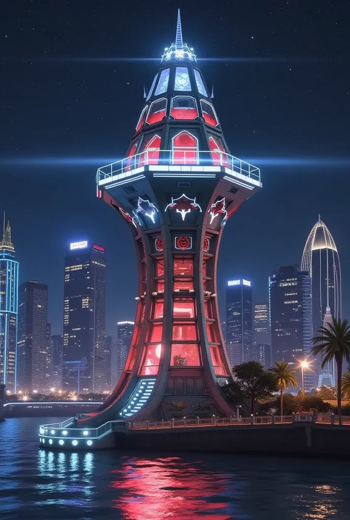 a futuristic lighthouse, Luminescence, has a unique shape, starry night, The octagonal glass tower, in a futuristic cityscape, Dramatic Lighting, an otherworldly atmosphere, exquisite architectural details,  neon, cinematic composition, Soft Colors, surrea...