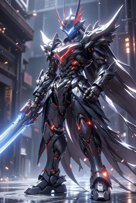 Ultra-detailed mecha "JieXian Ji MaoSun", Accumulated Slash Stance, Matte Black Mecha Blood Red Energy Pattern Pulse+Joint White Warning Light, Hold a high-frequency vibrating phase ship slasher(Blue Energy Blade), Dynamically damaged translucent data stre...