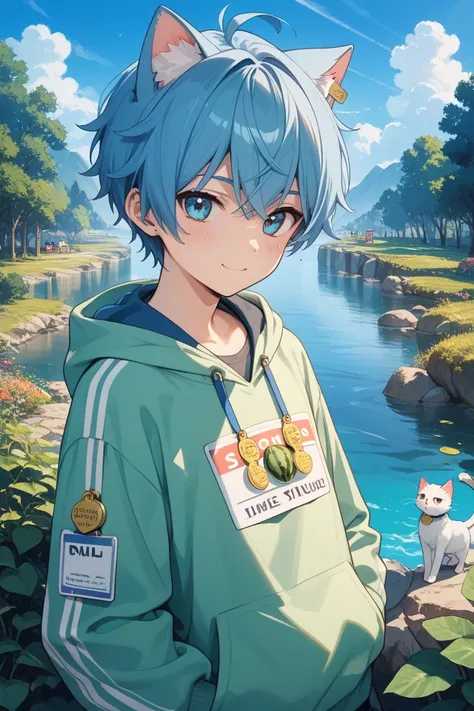 1 man　Sky Cat　Belongs to Melon Hoodie　natural　 kind　Person in charge of the musical　Good singer　1 man　Small　Blue Hair　 idol