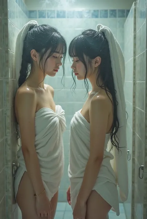 Realistic pictures of Japanese girls wearing bath towels in the shower。they are already showering in the school toilet 