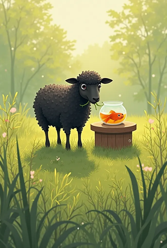 "Illustration for a ren's storybook: A black sheep standing in a green field, munching on grass, while a goldfish swims in a bowl on a nearby table. The goldfish looks curiously at the sheep. The setting is peaceful with soft sunlight and green grass."