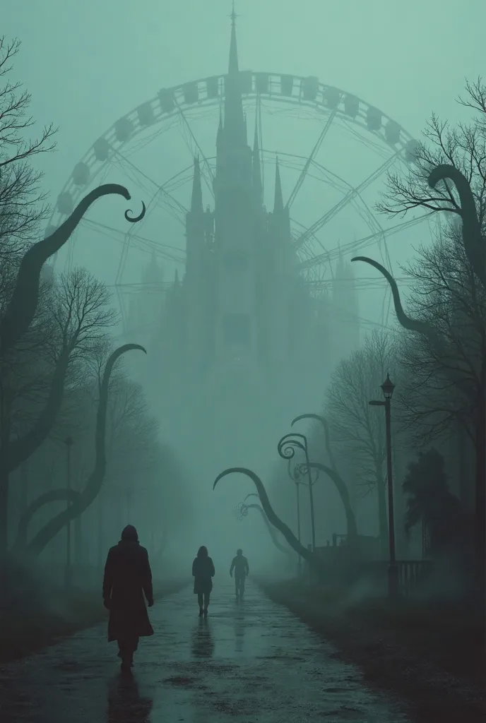 1980s amusement park in Hungary among the trees. Thick fog gathers around the Ferris wheel and enchanted castle, monsters with octopus-like tentacles hover in the fog, one or two people escape