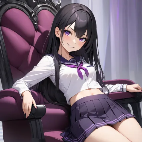 High resolution, high quality, HD, beautiful female, 1 female, beautiful, ager, haughty, mischievous, smirking, medium breasts, long straight hair, jet black hair, purple colored eyes, purple school uniform with short black skirt, show stomach, show thighs...