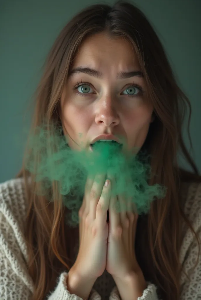 Pretty young woman beautiful brown hair realistic person has unpleasant bad breath with an expression of shame ,A little bit of green smoke comes out of his mouth,she is looking straight ahead and raises her hands in front under her neck 