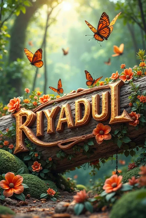 A captivating 3D render of a wooden log masterfully carved with the name "RIYADUL" in an elegant, intricate font. The log is adorned with elaborate designs, colorful flowers, and vibrant foliage, creating a striking visual effect. Suspended above the log, ...