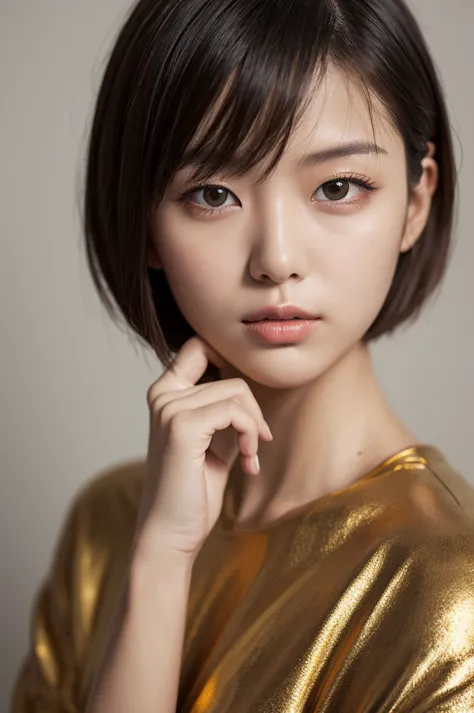 studio shot、Cool portrait of a person with short hair with a rough texture、 Gold、relaxed pose、 Natural Lighting、High Contrast Picture 、ai model