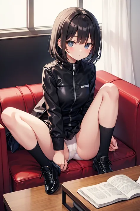 Height: 160cm　black faux leather winter jacket　black miniskirt　Black shoes　 black hair　 long short hair 　sitting on the couch　with white panties visible