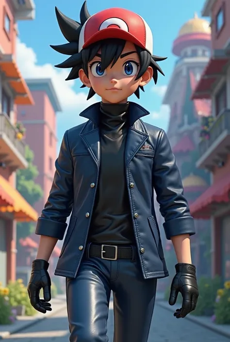 Early age boy 、pokemon ash、 word、 black hair、 red cap with white front、shiny navy blue leather blazer、glossy black vinyl high neck sweater、 black gloves、shiny dark blue leather tight pants、3d