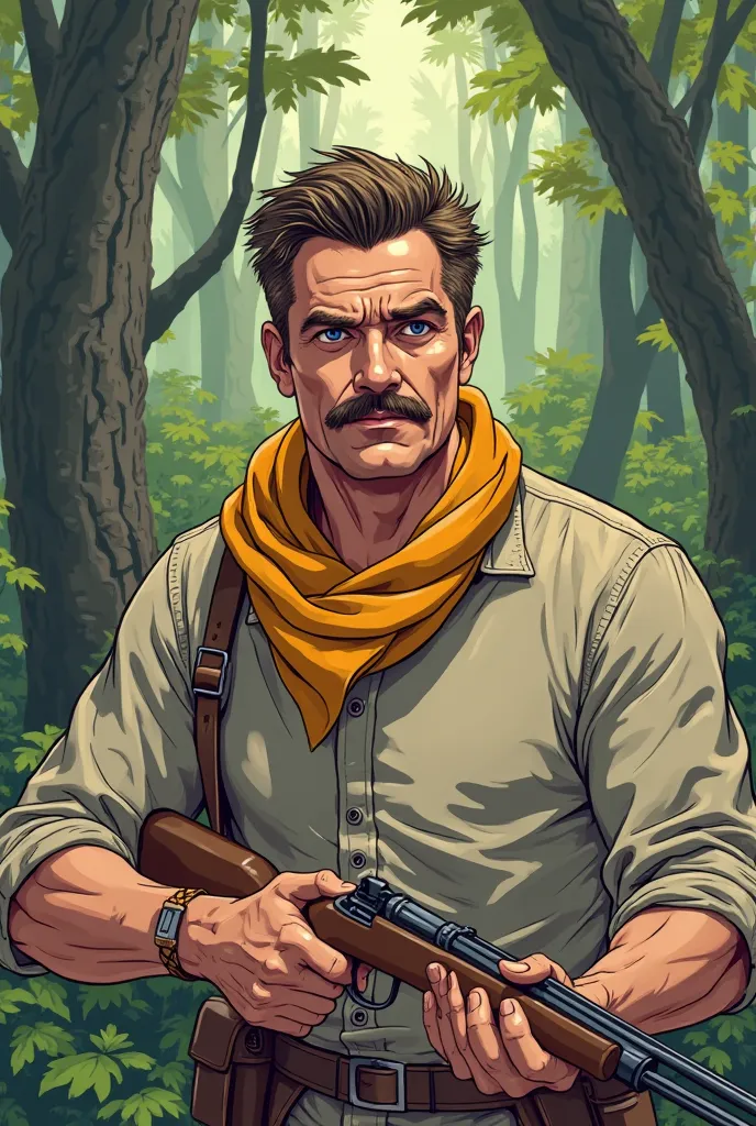 A man with hunting to animal, light-skinned and middle-aged, wild man, wearing  dress, HD, ultra HD. He wears natural thing, light-colored collared shirt, a bright orange-yellow scarf.  The man has a mustache, is looking directly at the viewer with right s...