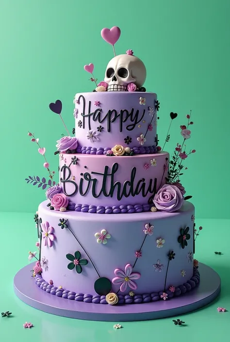 Birthday cake、texts of Happy  birthday on a cake、Three-dimensional、black and pastel purple、 heart、has 1 cute little skull、Kuromi theme,cute taste、the background is only strong fluorescent green、dreamy,hyper detailed,high quality,