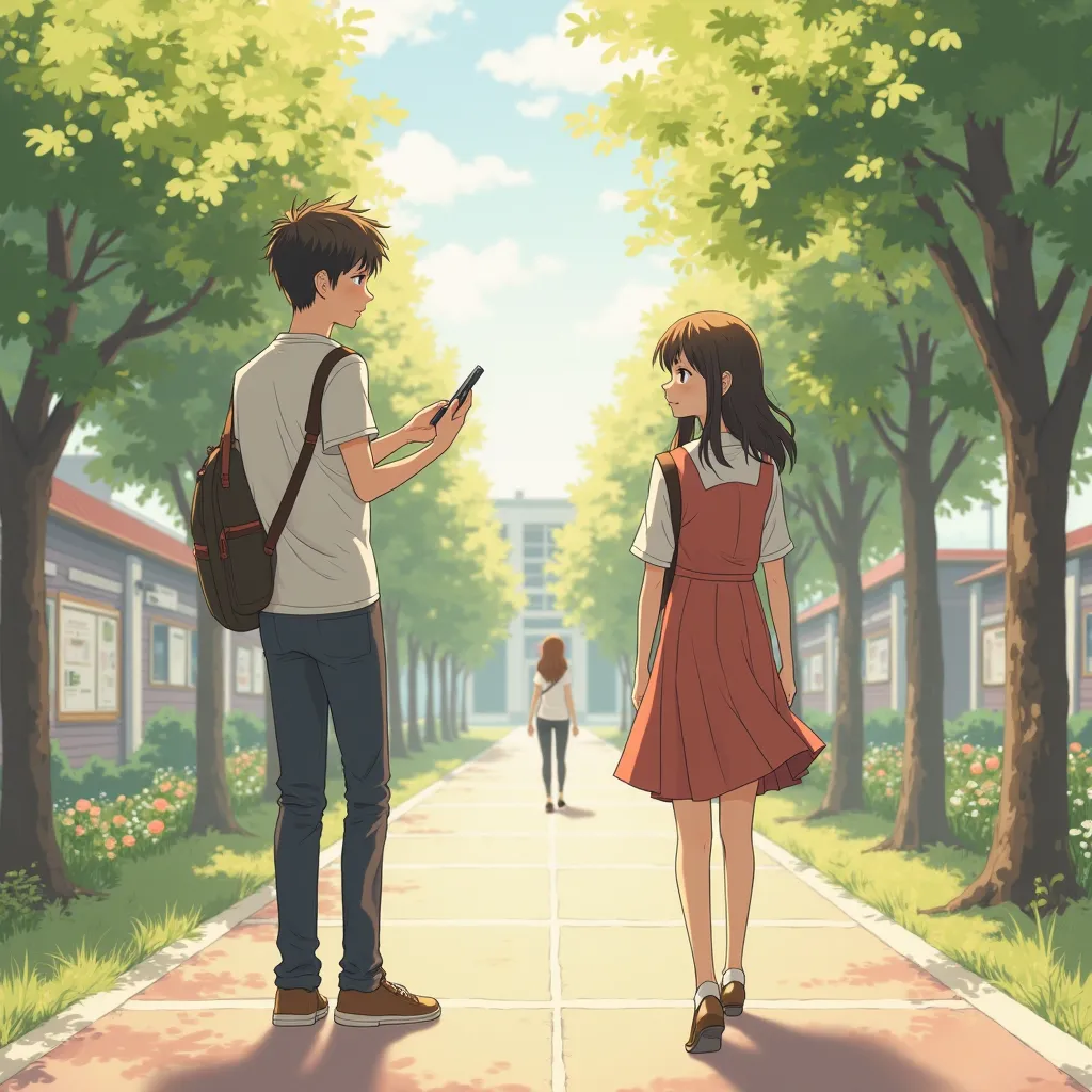 An anime-style illustration depicting a subtle yet meaningful moment between a age boy and girl. The scene is set in a lively college campus, where the girl has lost her ID card.

In the first part of the image, the boy, after finding out about the lost ID...