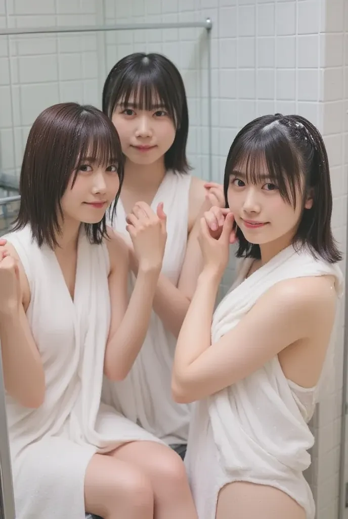 Realistic pictures of Japanese girls wearing bath towels in the shower。they are already showering in the school toilet