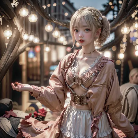 Kimono-style Lolita、Kimono Angel、Platinum Blonde Straight Haired Short Bob、round face、 Japanese Beautiful Girl、 Dark Blue Eyes 、big eyes、 sagitales、 opens her mouth slightly and laughs。Luxurious dark red and silk purple kimono lolita dress、Skirt with Lots ...