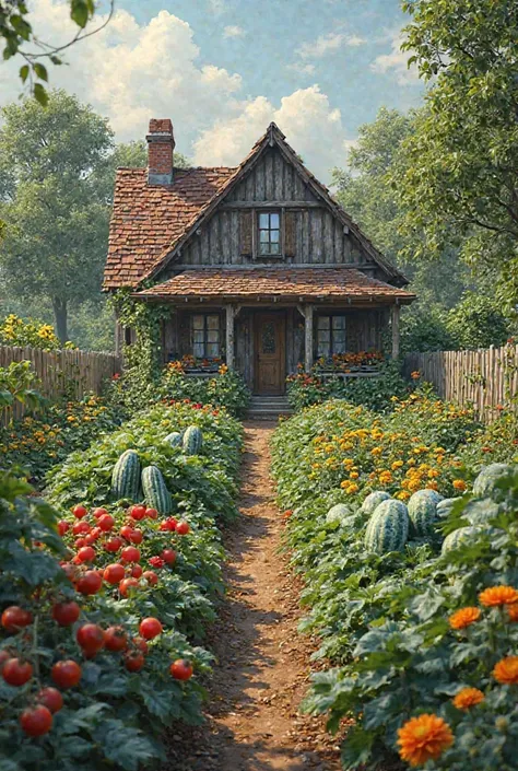 A country house made a vegetable patch.plant tomato plants,Frost cucumbers,watermelon,corn and have a full garden of flowers.