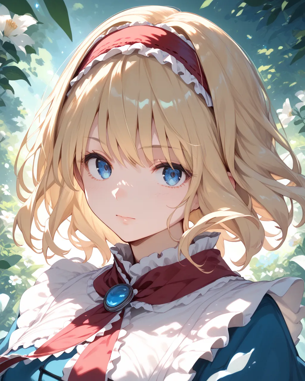  alice margatroid,  medium hair, blond hair,  blue eyes, ,red headband, headband, frilled headband,
