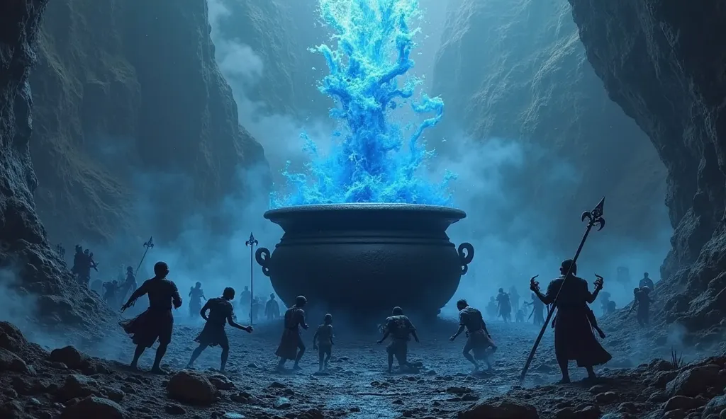 make a photo of ancient black pot overflowing with dark blue poison and huge crowd of ancient hindu gods & ancient demons running away from it, center mountain all are moving two side by using big snack as a rop