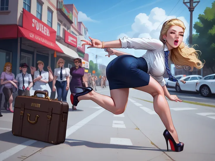 Realistic Style V2 🎨| Detailed, High-Quality Panels | Digital Art. 
A beautiful blonde Russian & American businesswoman in mid-air, leaping over a hurdle. The woman has dark-blonde hair, and she is dressed in professional attire, including a white silk blo...