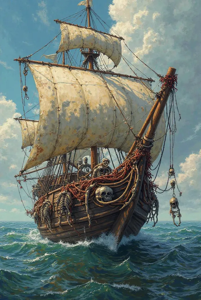 Painting a boat，The hull has many long skull arms，and many long vines，The bow of the boat has a skeleton The old captain lies fishing on a giant cannon，The captain also has a gallows，and a cabin made of flesh and blood