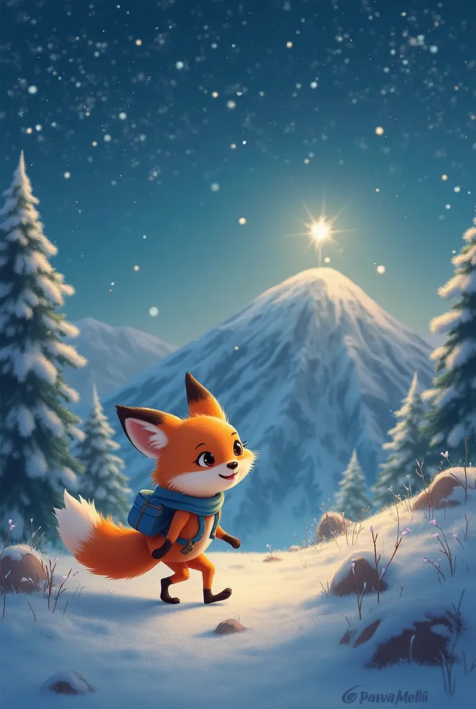 Finn the Fox walks back down the mountain path on all fours, the stars shining brightly above. His expression is content, and his tail swishes gently. The hilltop is visible in the distance, bathed in starlight. Mood: peaceful. Colors: soft blues, whites, ...