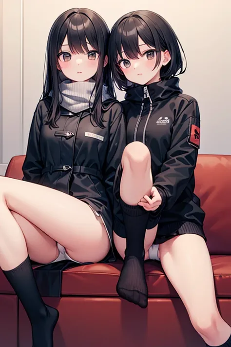 Height: 160cm　 black winter jacket 　black miniskirt　 black long socks 　 black hair　 hairstyle is semi-long　sitting on the couch　sitting on tiptoe　Knees slightly elevated　with white panties visible