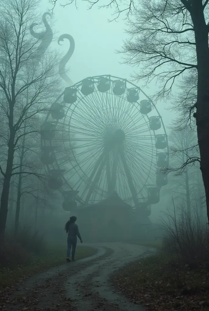 1980s amusement park in Hungary among the trees. Thick fog gathers around the Ferris wheel for ren and the little enchanted castle, monsters with octopus-like tentacles hover in the fog, one or two people escape