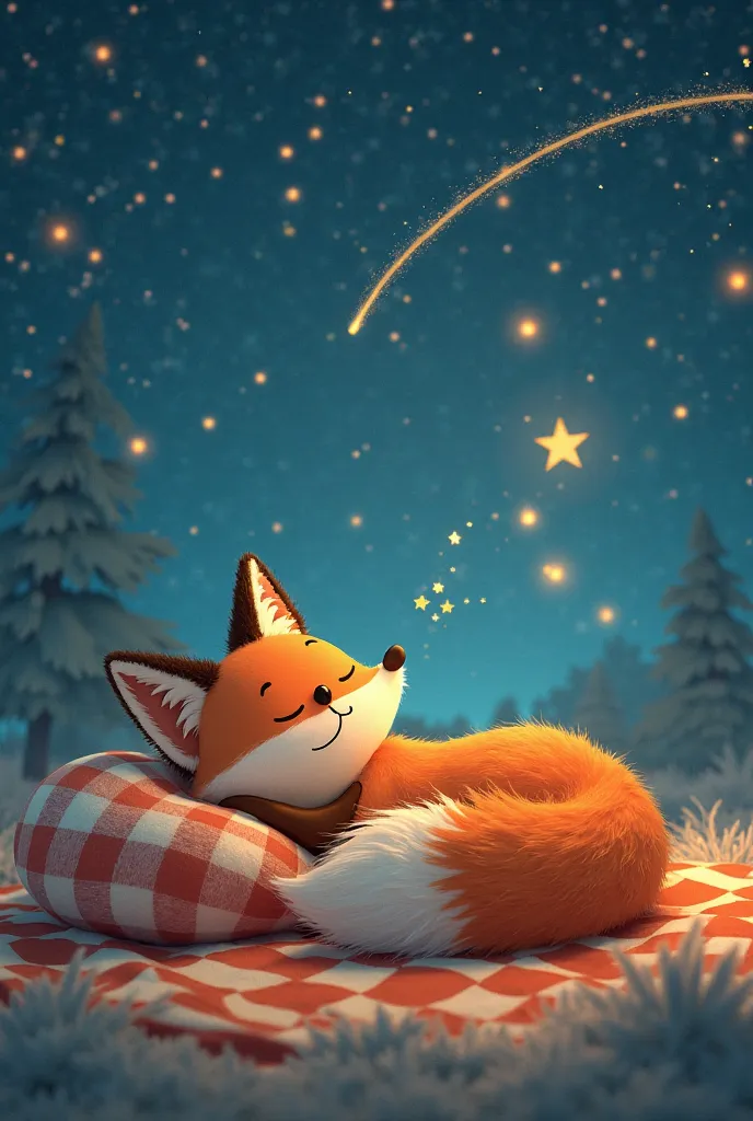 Finn the Fox lies on his checkered blanket, curled up naturally as he gazes at the restored stars. A shooting star streaks across the sky, and he smiles faintly, his tail twitching. Colors: warm blues, whites, and oranges. Art style: whimsical 3D.