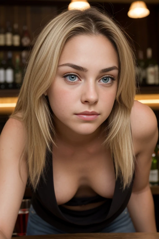 A beautiful blonde 18 year old girl (pre:1.5) in a bar. Decollete. frown. Long hair.  Lean forwards. close up shot. shot from below. look down on the viewer