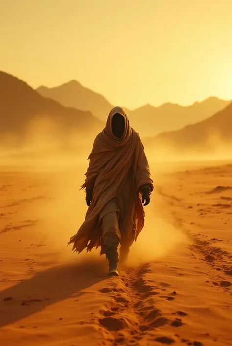 {{A ((moody and atmospheric)) depiction of {a lone traveler walking through a vast, windswept desert}}} with {((sand swirling around their feet, a tattered cloak billowing in the wind, and a determined expression on their face))}. This is a {((cinematic ph...