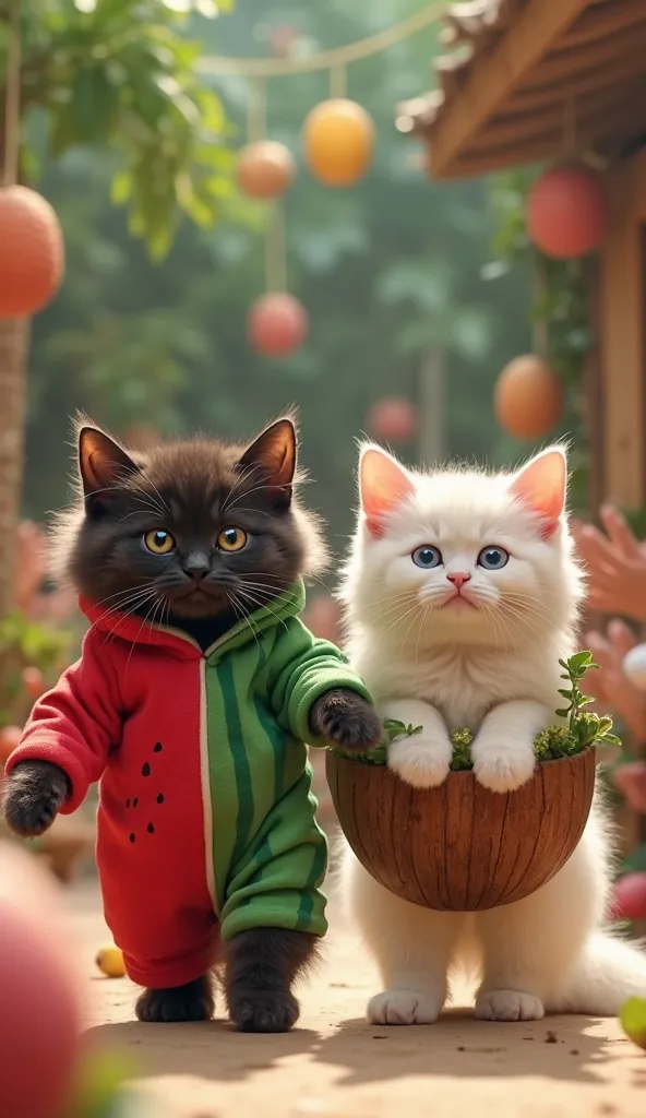 🍉🥥 8. Watermelon & Coconut Twist
A dark-furred baby cat walks upright in a split watermelon jumpsuit, one side red and one side green, looking stylish and energetic. Next to it, a fluffy white baby cat wears a brown-and-white coconut shell-shaped dress wit...