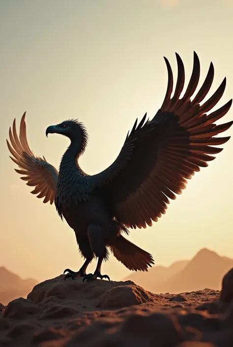 The vulture stands tall, its massive wings slowly stretching out. The wind lifts its feathers as it prepares to take flight."