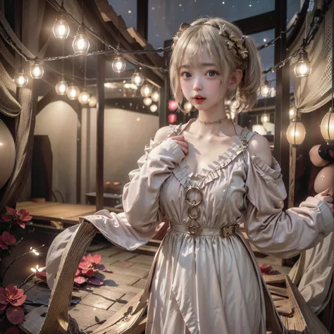 Kimono-style Lolita、Kimono Angel、Platinum Blonde Straight Haired Short Bob、round face、 Japanese Beautiful Girl、 Dark Blue Eyes 、big eyes、 sagitales、 opens her mouth slightly and laughs。Luxurious dark red and silk purple kimono lolita dress、Skirt with Lots ...